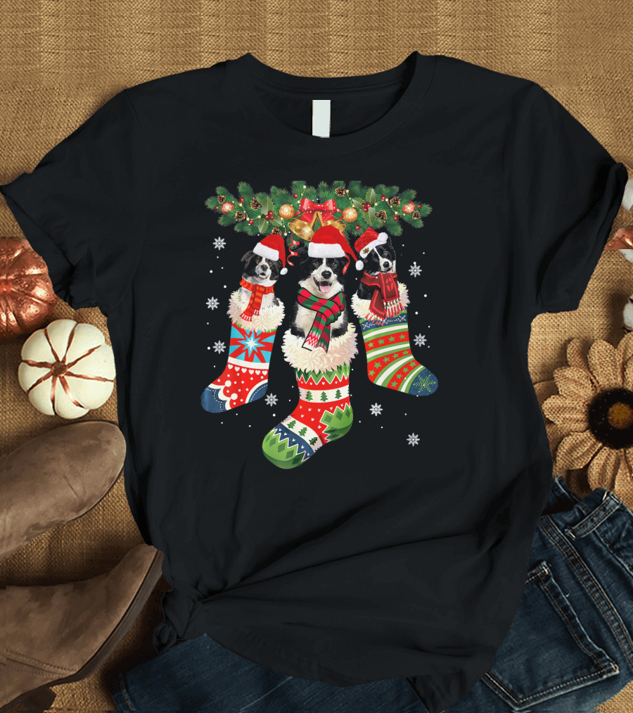 Three Border Collie in Christmas Stockings with Santa Hats and Scarves T-Shirt