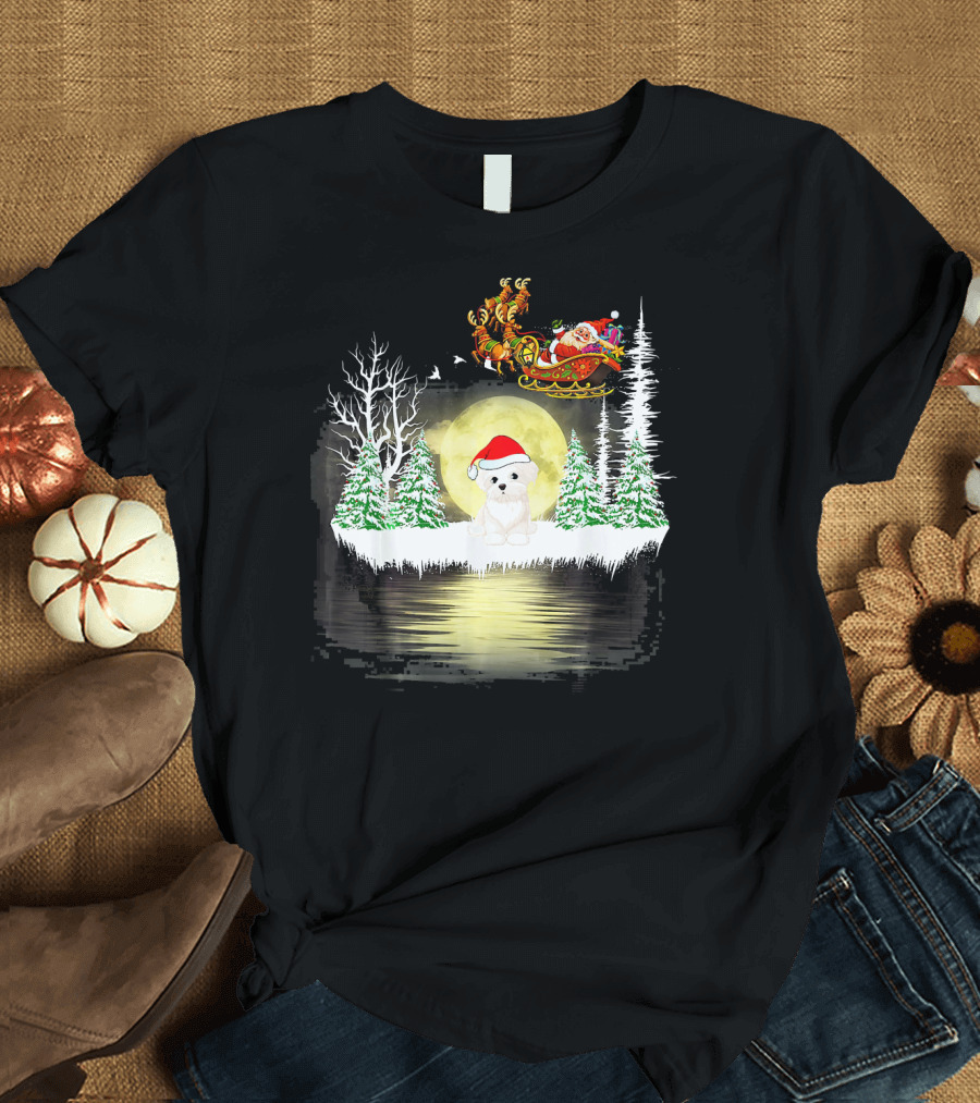 Santa Bichon Frise Dog with Sleigh and Moonlit Christmas Scene T-Shirt