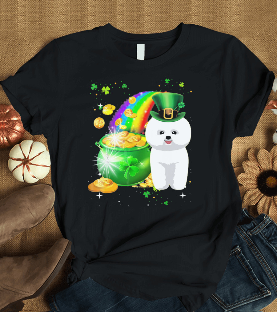 St Patricks Day Bichon Frise Lover Pot of Gold Rainbow Clover Hat T-Shirt