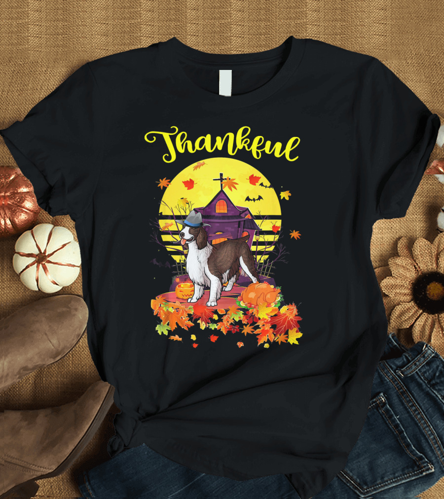 Thankful Giant Schnauzer Dog Pilgrim House Harvest Moon Autumn Leaves T-Shirt