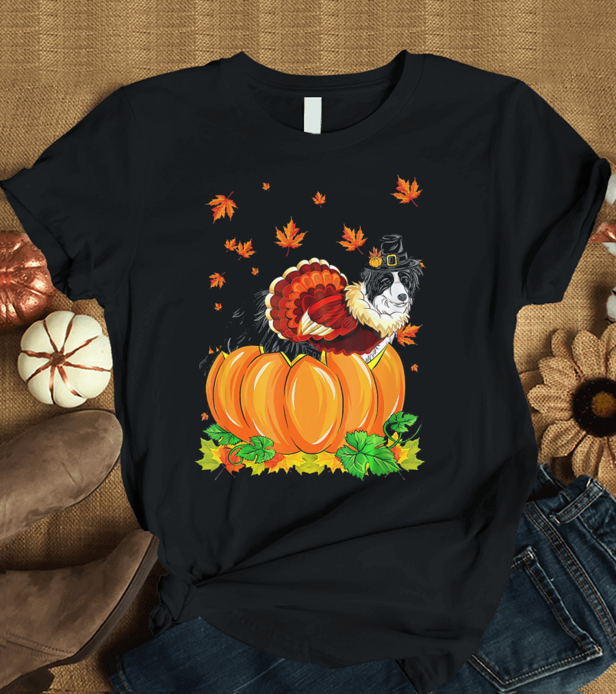 Thanksgiving Border Collie in Pilgrim Hat with Turkey Feathers and Pumpkins T-Shirt