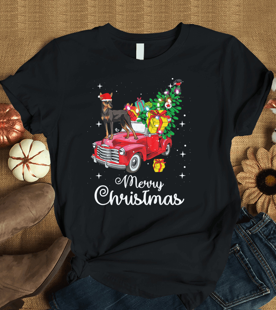 Miniature Pinscher Rides Red Truck Merry Christmas T-Shirt