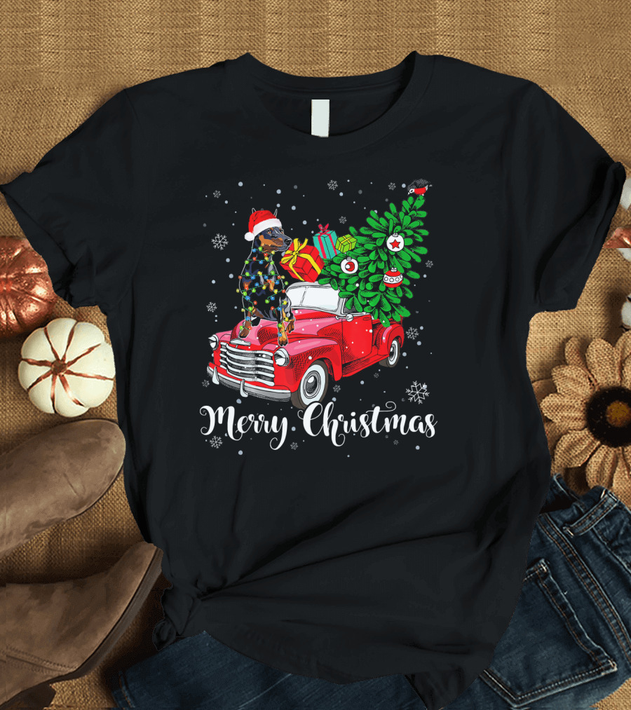 Merry Christmas Miniature Pinscher Santa Hat Red Truck Snowflakes Gifts Tree T-Shirt