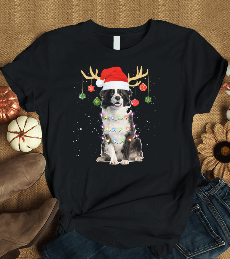 Reindeer Border Collie Christmas Santa Hat Antlers Holiday Lights T-Shirt