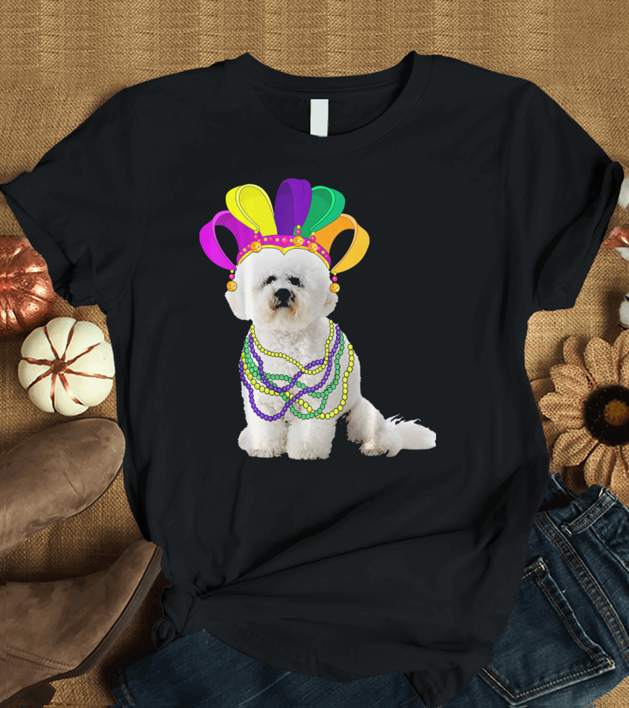 Mardi Gras Bichon Frise Beads and Jester Hat T-Shirt