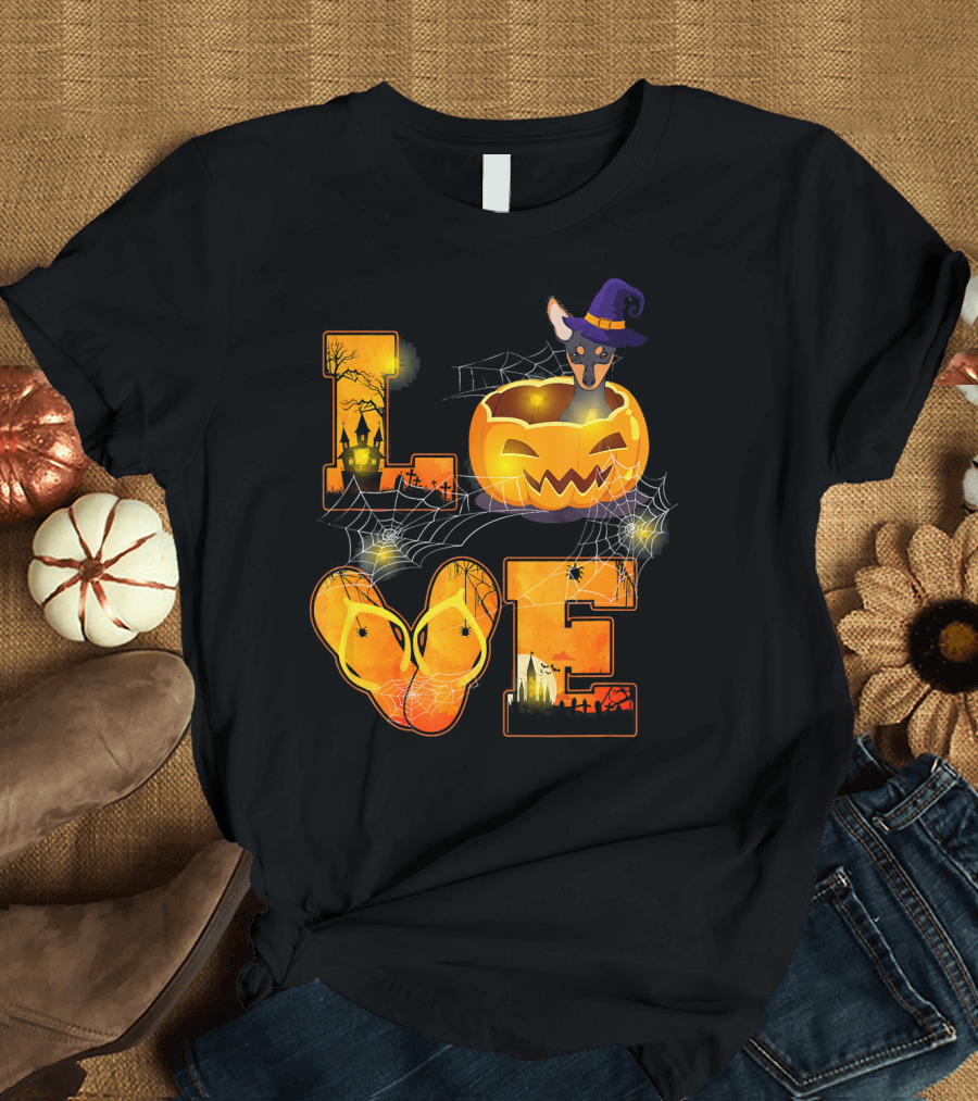 Halloween Miniature Pinscher Love with Pumpkin and Spider Webs T-Shirt