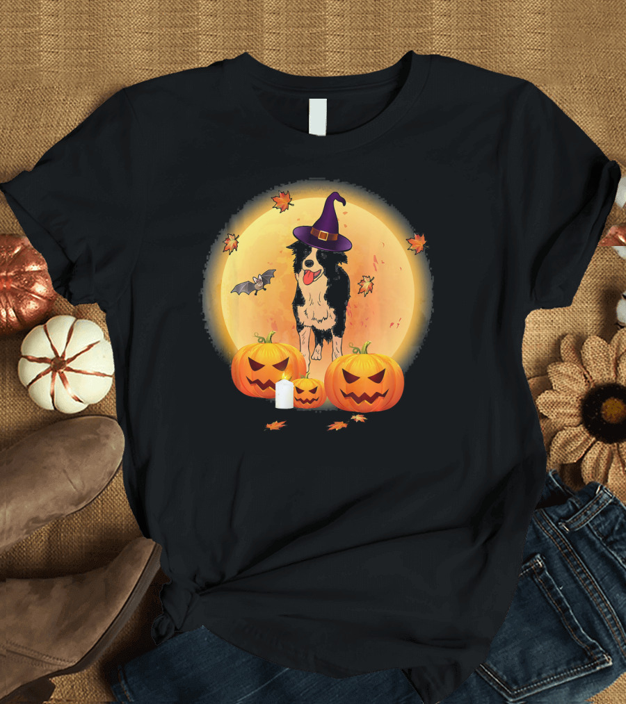 Halloween Border Collie Witch Hat Pumpkin Moon Bat Leaves T-Shirt