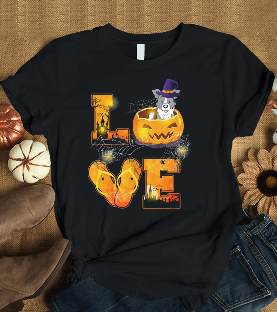 LOVE Border Collie Halloween Pumpkin Witch Hat Spiderwebs T-Shirt