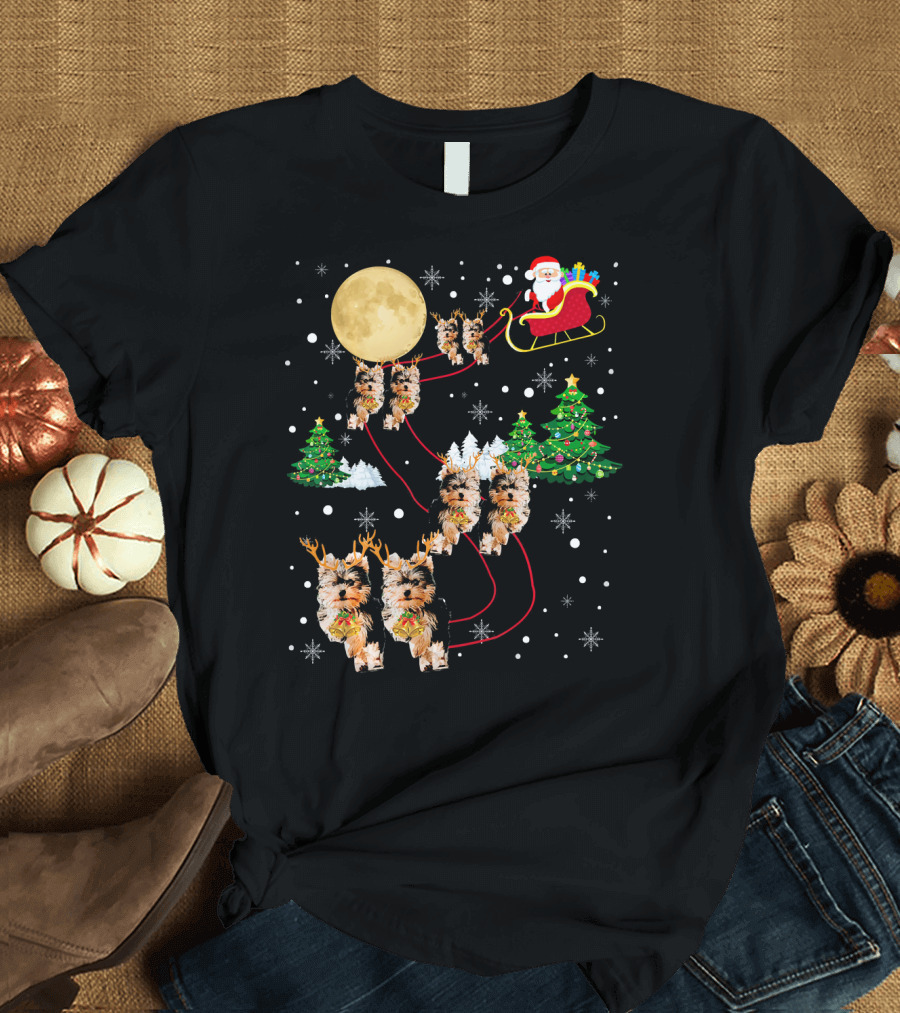 Yorkie Christmas Santa Sleigh Dogs and Tree Snowflakes T-Shirt
