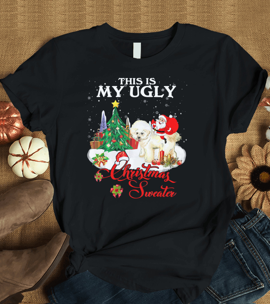 This Is My Ugly Christmas Sweater Santa Riding Bichon Frise T-Shirt