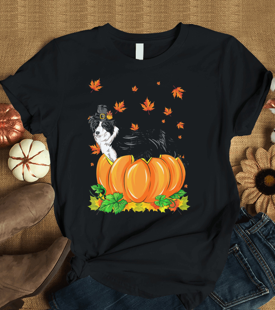 Thanksgiving Border Collie in Pilgrim Hat with Pumpkins and Autumn Leaves T-Shirt