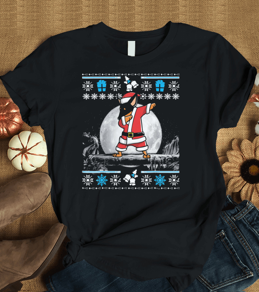 Miniature Pinscher Dog Santa Claus Dab Christmas Moon Snowflakes T-Shirt