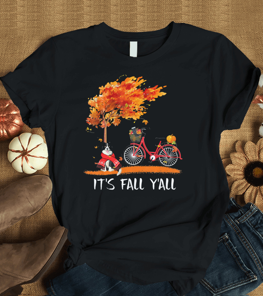 It's Fall Y'all Border Collie Autumn Tree Bicycle Pumpkin Basket T-Shirt