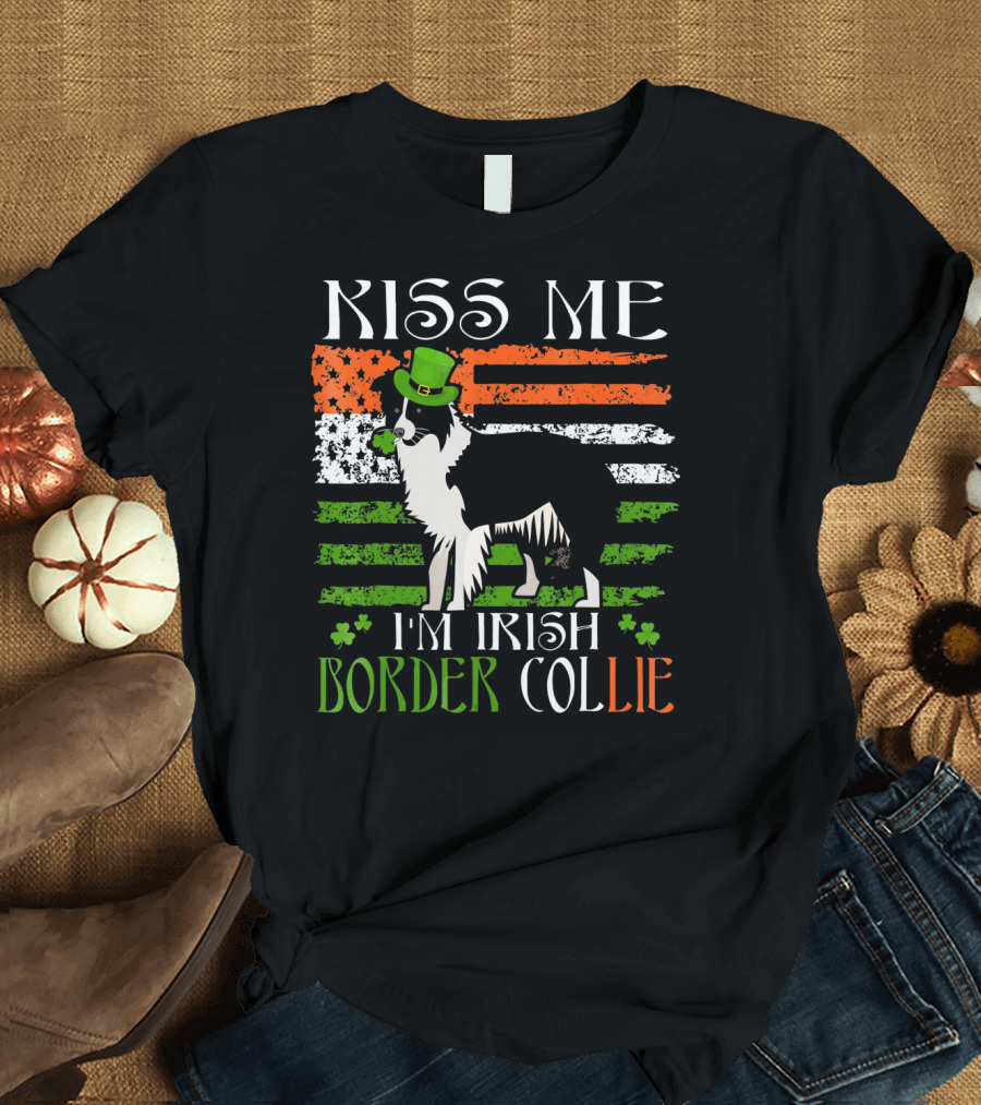 Kiss Me I'm Irish Border Collie St Patrick's Day Shamrock Hat Flag T-Shirt