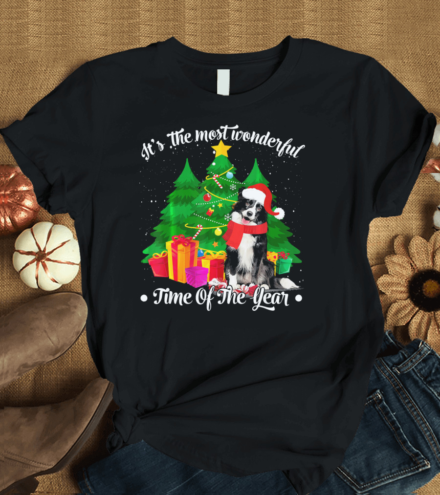 It's the Most Wonderful Time of the Year Border Collie Christmas Scene T-Shirt