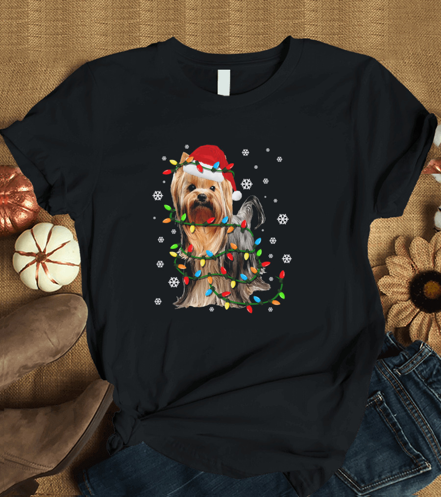 Yorkie Christmas Lights Santa Hat Snowflakes T-Shirt