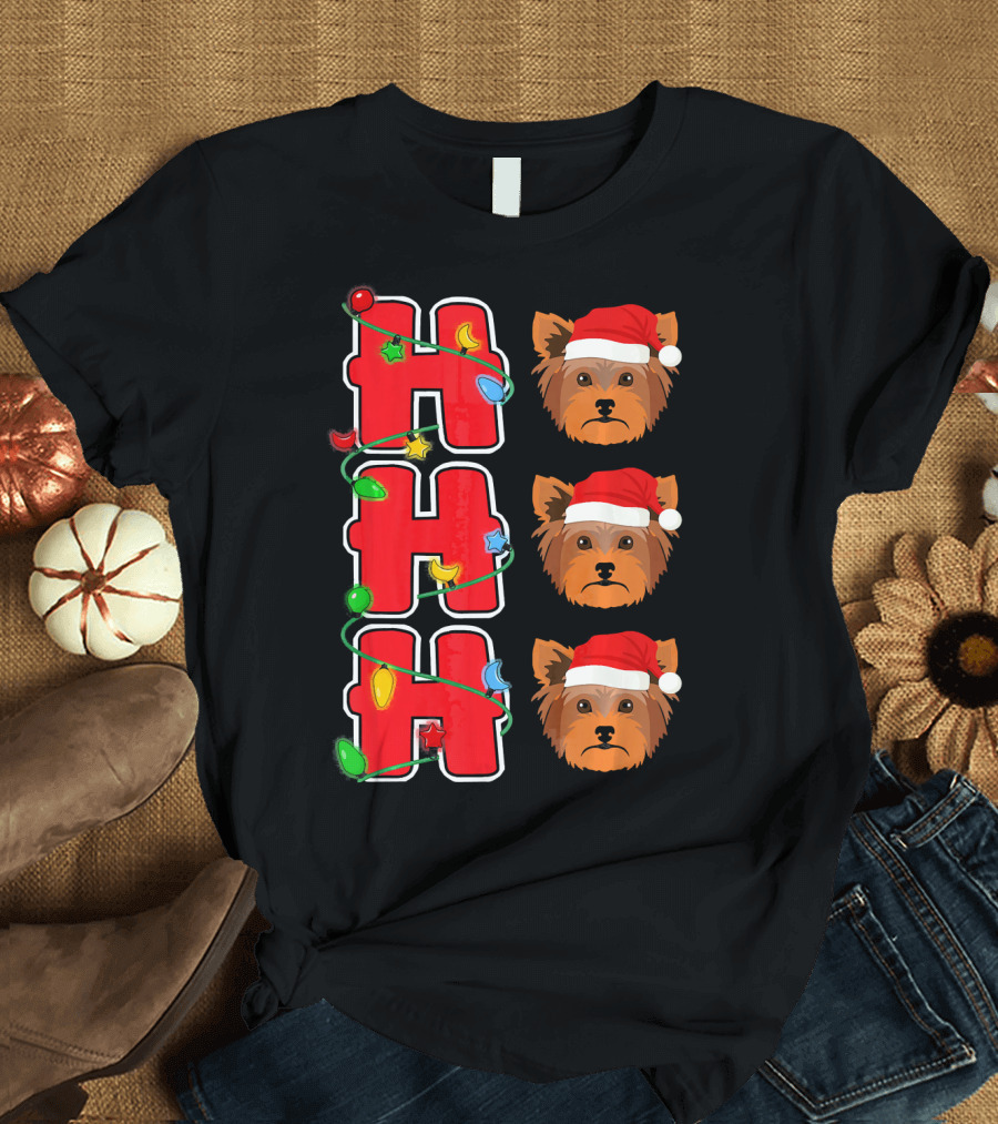 Ho Ho Ho Santa Yorkshire Terrier Christmas Lights T-Shirt
