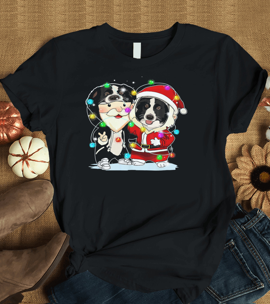 Funny Border Collie with Santa Suit and Festive Christmas Lights T-Shirt