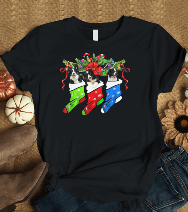 T-Shirt: Three Border Collies in Christmas Holiday Stockings with Festive Decorations T-Shirt Three Border Collies in Christmas Holiday Stockings with Festive Decorations T-Shirt