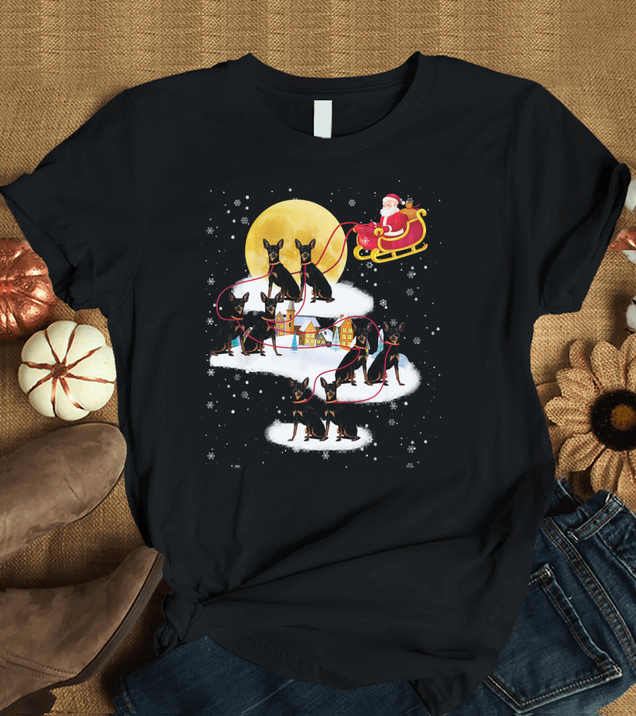 Santa's Sleigh with Miniature Pinscher Reindeer Under Full Moon T-Shirt