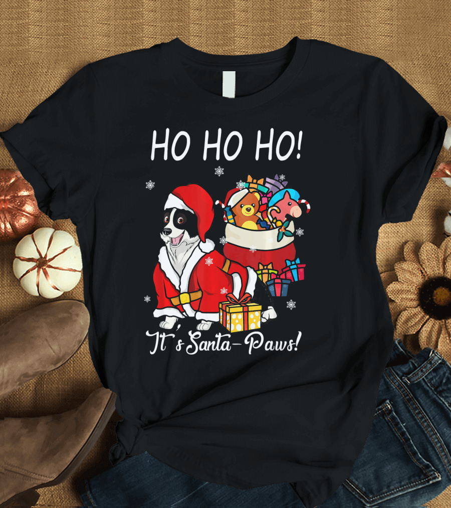 HO HO HO Funny Dog Border Collie Christmas It's Santa-Paws T-Shirt
