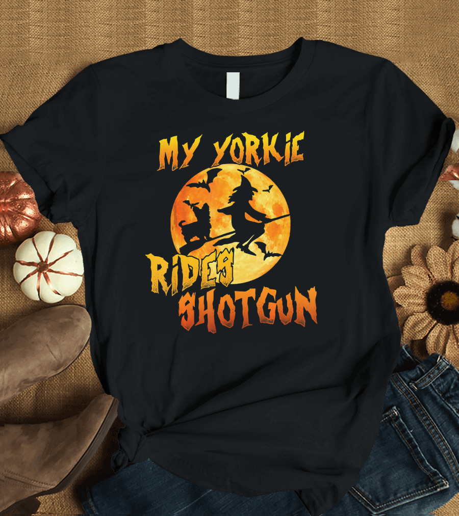 My Yorkie Rides Shotgun Halloween Witch Moon Bats T-Shirt