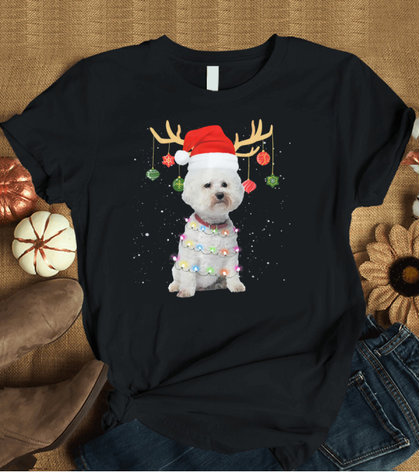 T-Shirt: Reindeer Bichon Frise Dog Santa Hat Christmas Lights Antlers Ornaments T-Shirt Reindeer Bichon Frise Dog Santa Hat Christmas Lights Antlers Ornaments T-Shirt