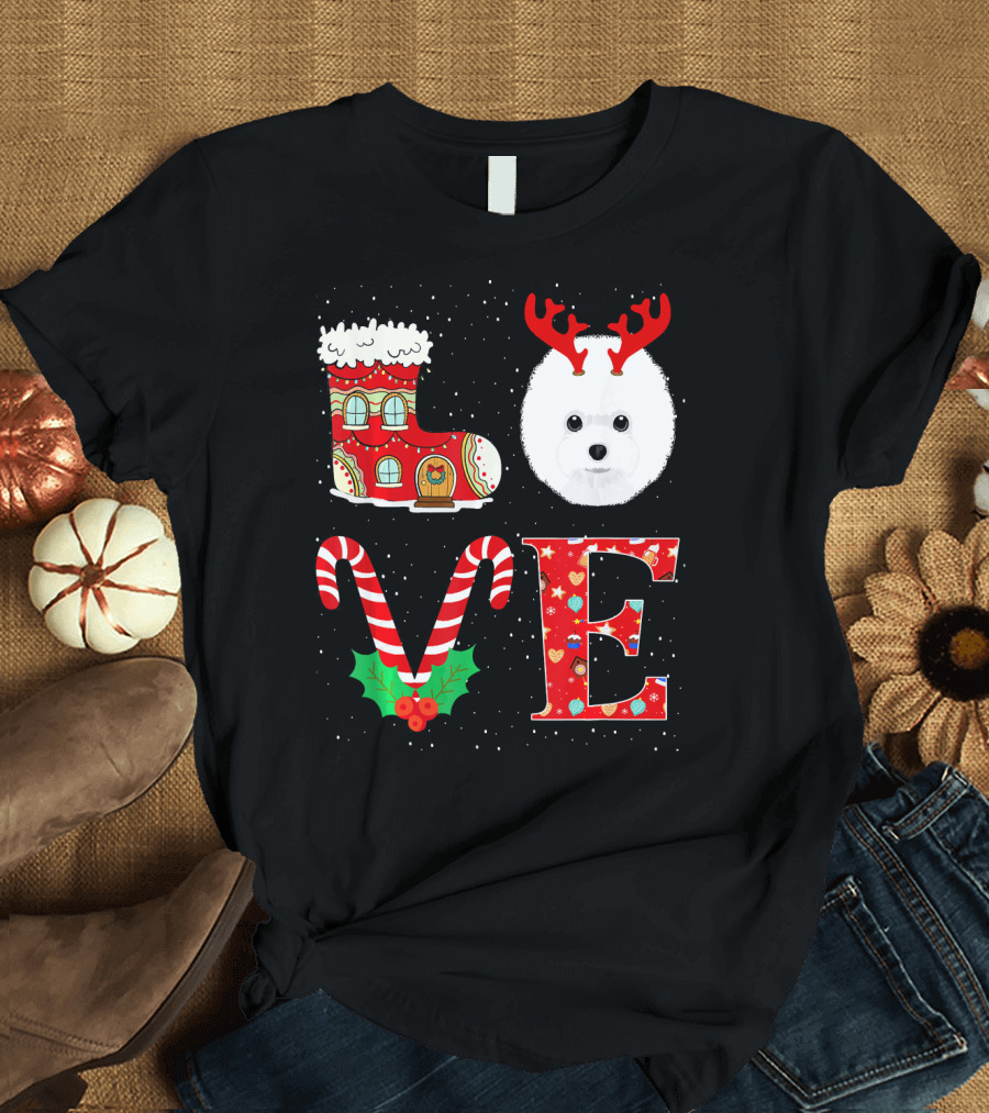 I Love My Bichon Frise Reindeer Horns Christmas Candy Cane Boot T-Shirt