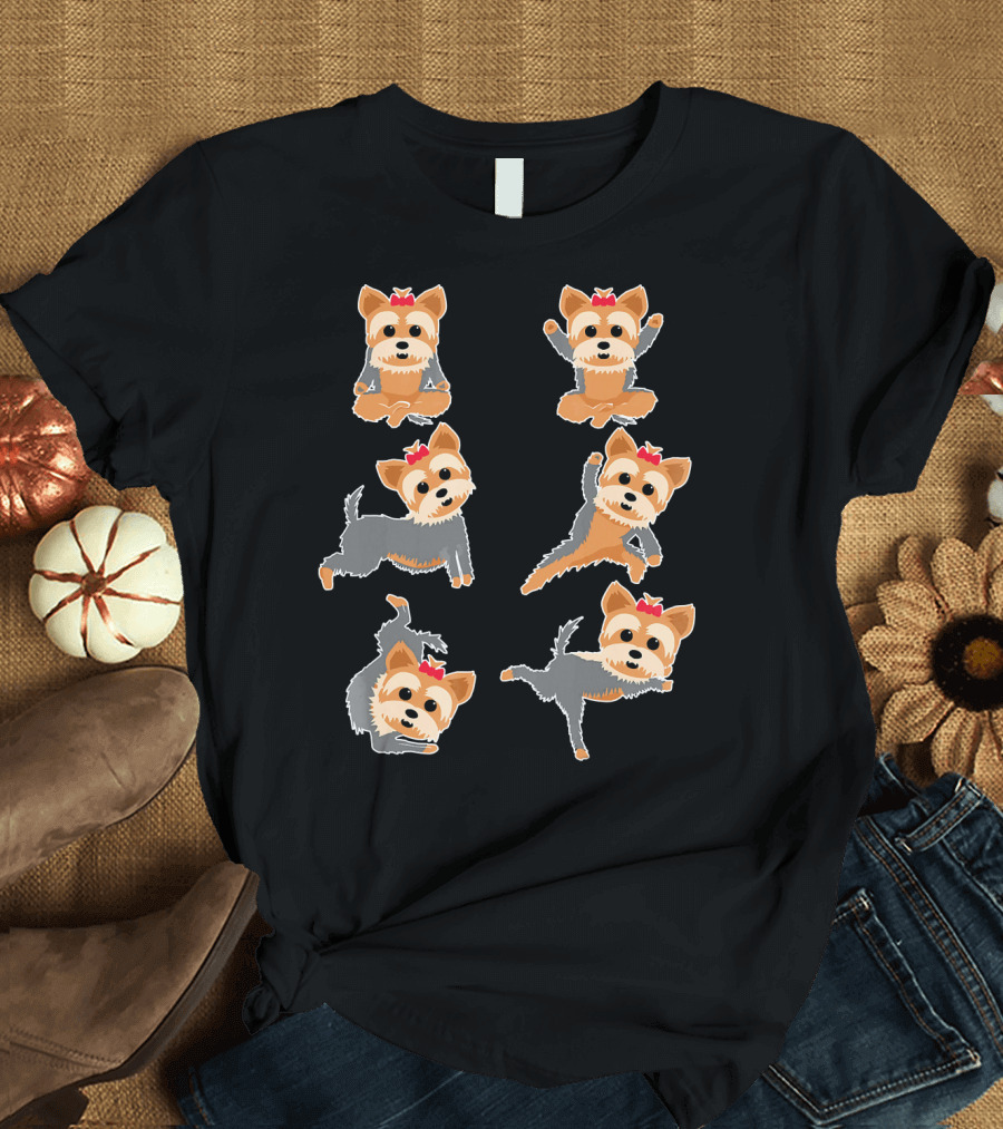 Funny Yorkie Yoga Poses Cute Dog Stretching Styles T-Shirt