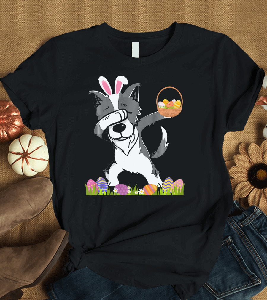 Funny Border Collie Dabbing Bunny Ears Basket Easter Eggs T-Shirt