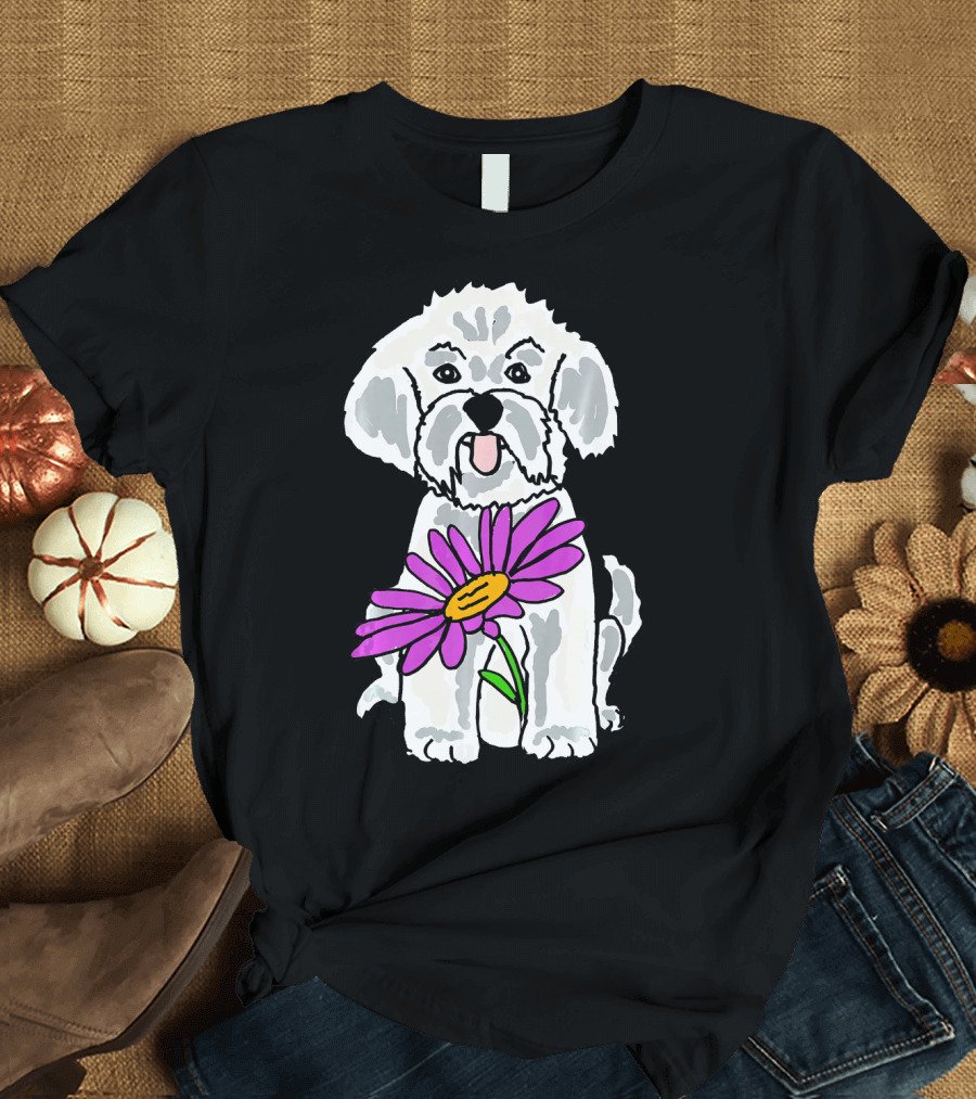 Smilenowtees Funny Bichon Frise Dog with Purple Flower T-Shirt