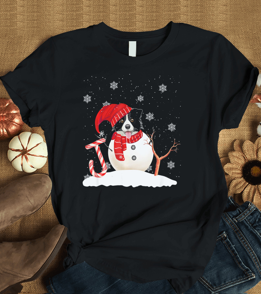 Funny Border Collie Dog with Candy Cane Christmas Joy Snowman T-Shirt