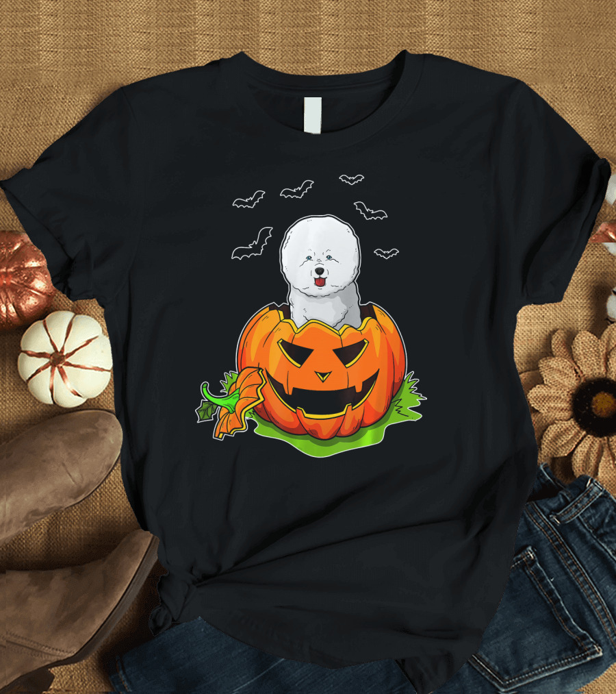 Halloween Bichon Frise Dog Lovers Pumpkin with Bats T-Shirt