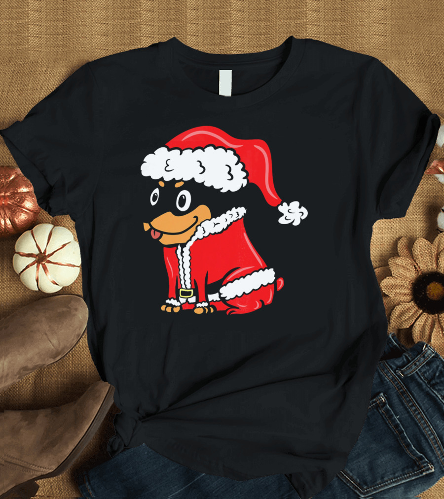 Miniature Pinscher Dressed as Santa Claus in Festive Red T-Shirt