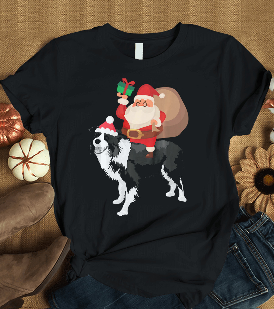 Santa Riding Border Collie Christmas Pajamas Festive Santa Hat Present T-Shirt