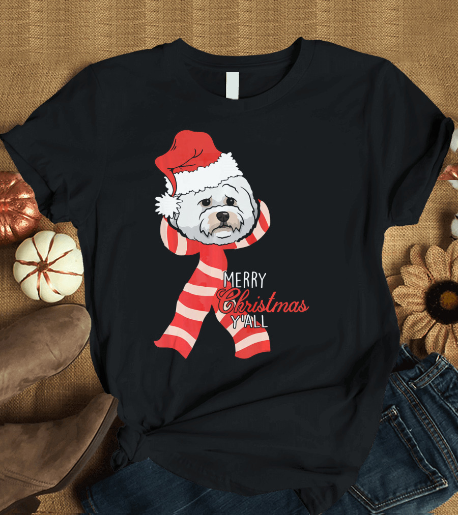 Merry Christmas Y'all Santa Bichon Frise Holiday Greeting T-Shirt
