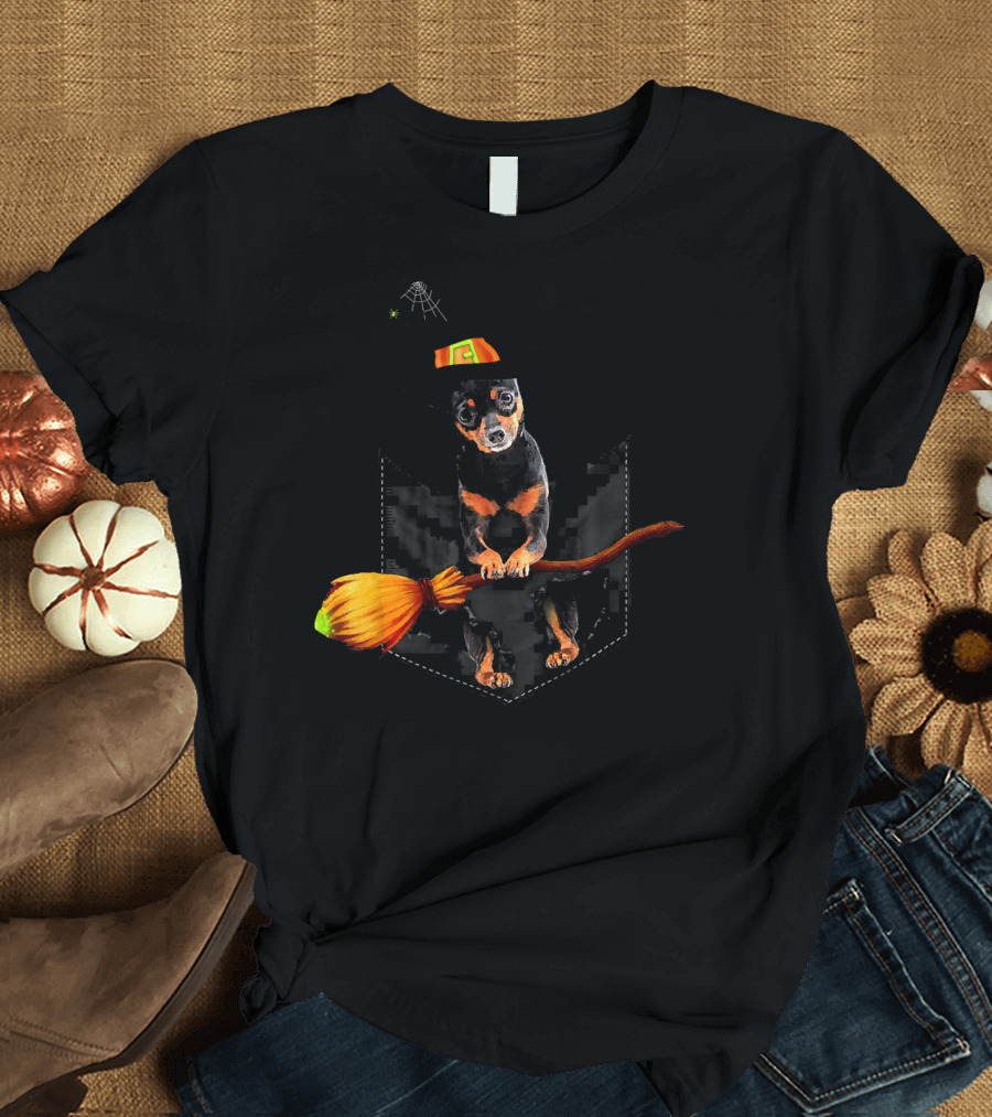 Miniature Pinscher Witch with Broomstick in Pocket T-Shirt
