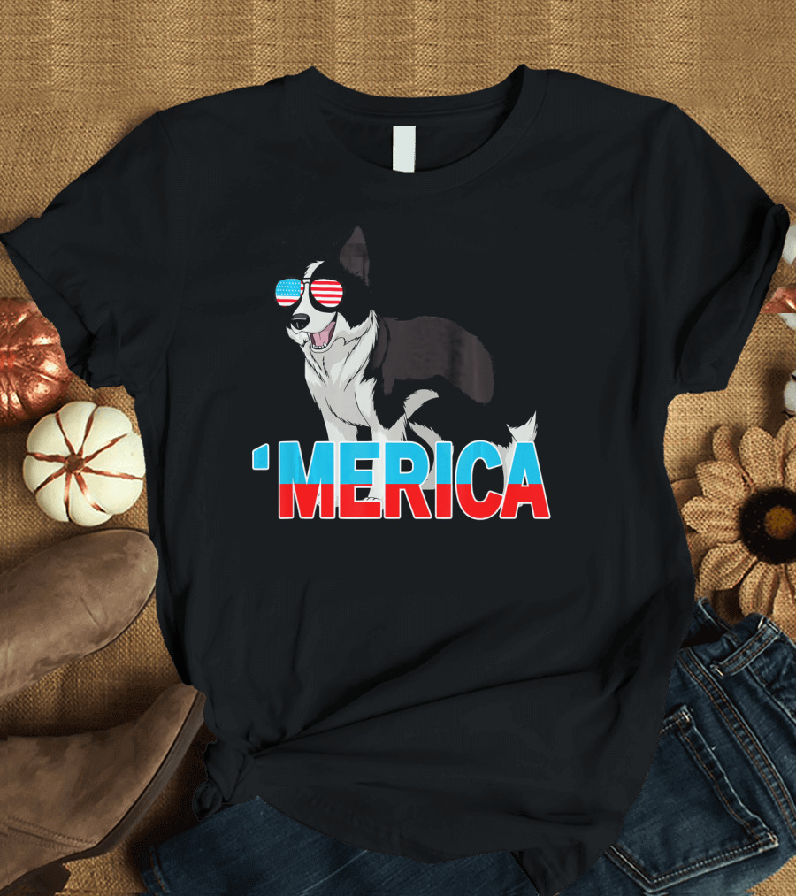 'Merica Border Collie USA Flag Sunglasses T-Shirt