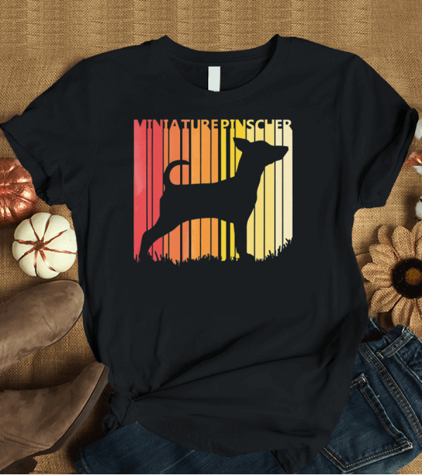 T-Shirt: Miniature Pinscher Retro Dog Silhouette Striped Sunset T-Shirt Miniature Pinscher Retro Dog Silhouette Striped Sunset T-Shirt
