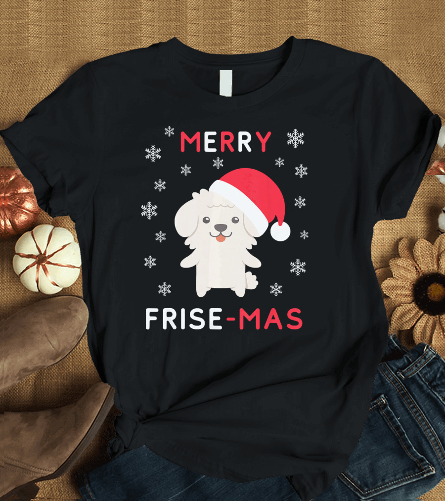 Merry Frise Mas Funny Christmas Bichon with Santa Hat and Snowflakes T-Shirt