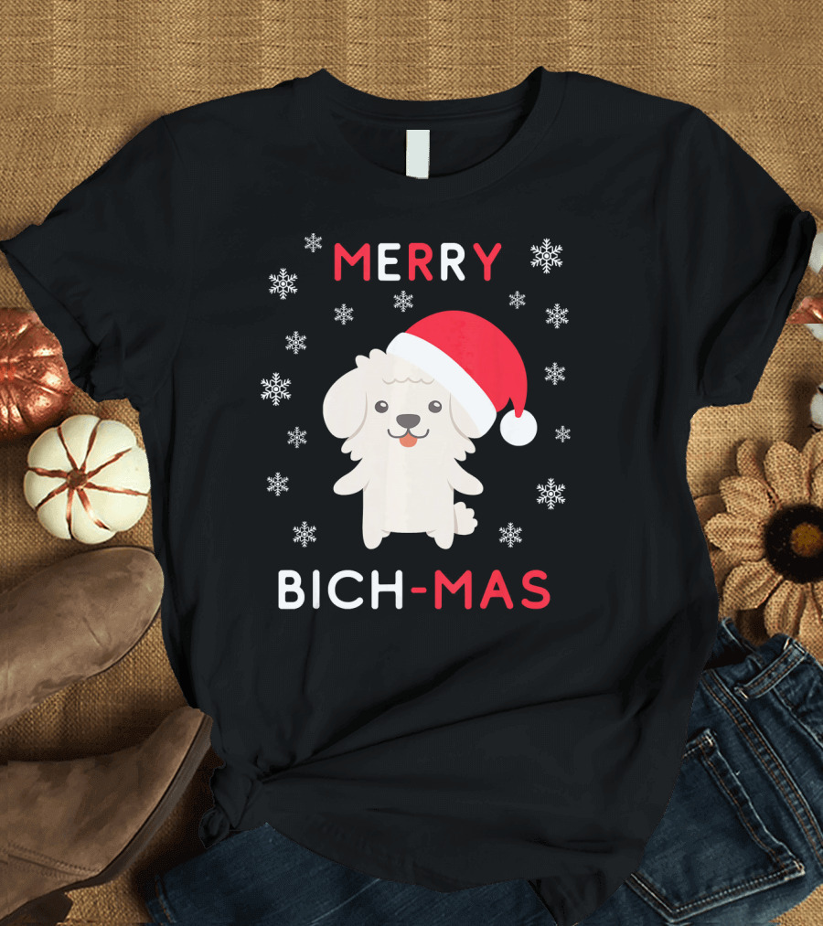 Merry Bich Mas Funny Christmas Bichon Snowflakes Santa Hat T-Shirt