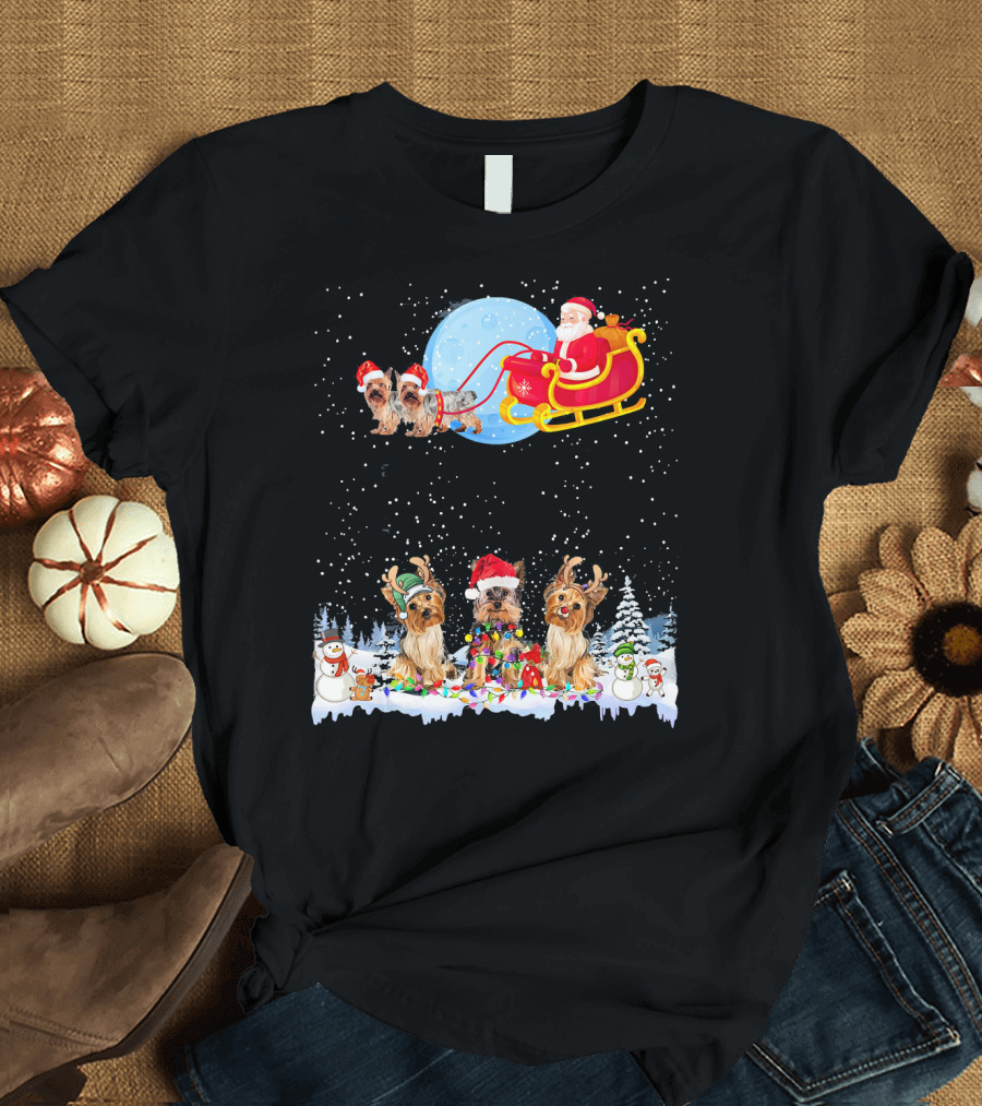 Yorkie Christmas Reindeer Santa Sleigh Lights Dog Snowmen T-Shirt