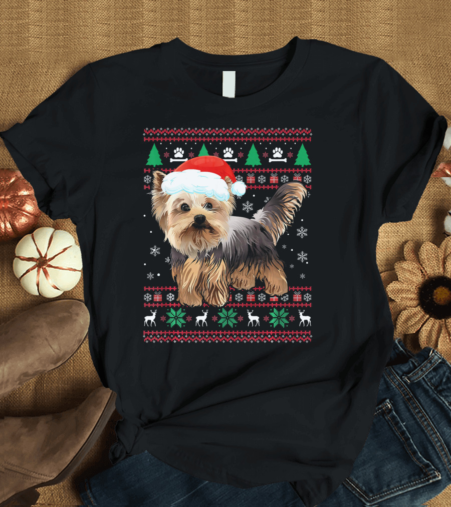 Yorkshire Terrier Dog Ugly Christmas Sweater Santa Hat Snowflakes Trees Paws T-Shirt