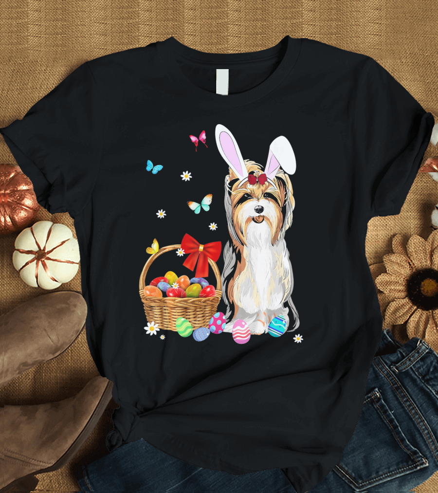 Yorkshire Terrier Bunny Ear Rabbit Easter Basket Eggs Butterflies Daisies T-Shirt
