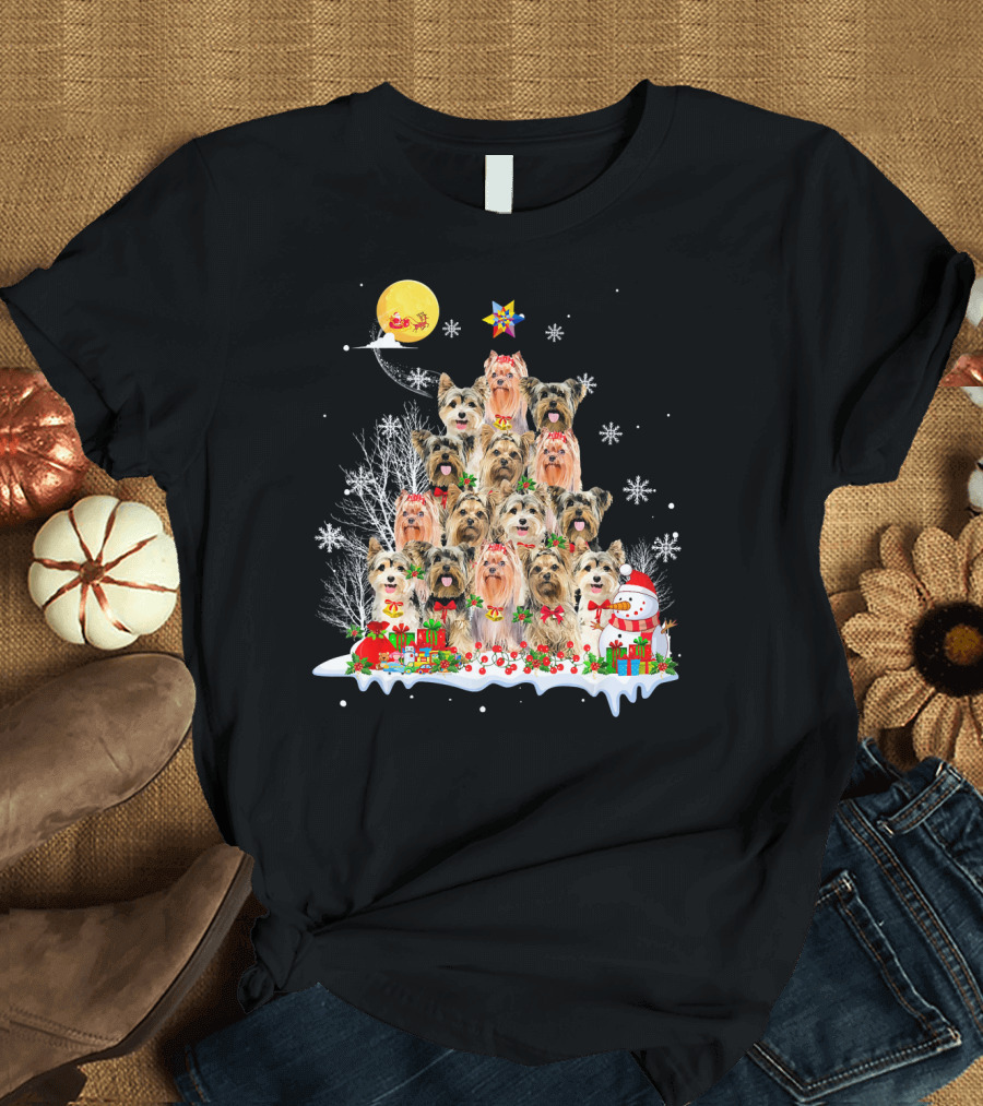 Yorkshire Terrier Dog Christmas Pyramid with Santa Moon and Snowman T-Shirt