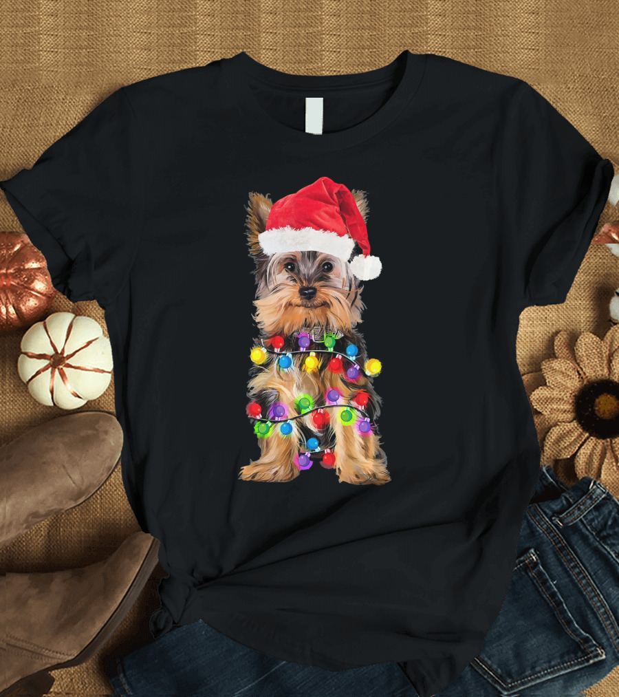 Yorkshire Christmas Yorkie in Santa Hat with Festive Lights T-Shirt