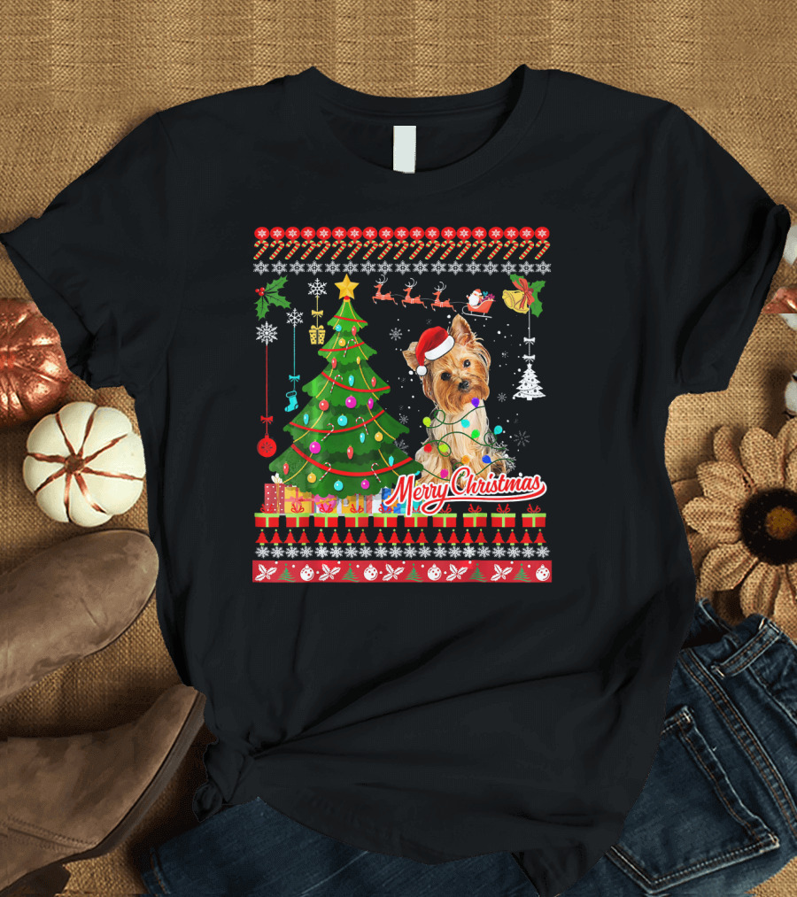 Merry Christmas Yorkshire Terrier Dog with Tree and Lights T-Shirt