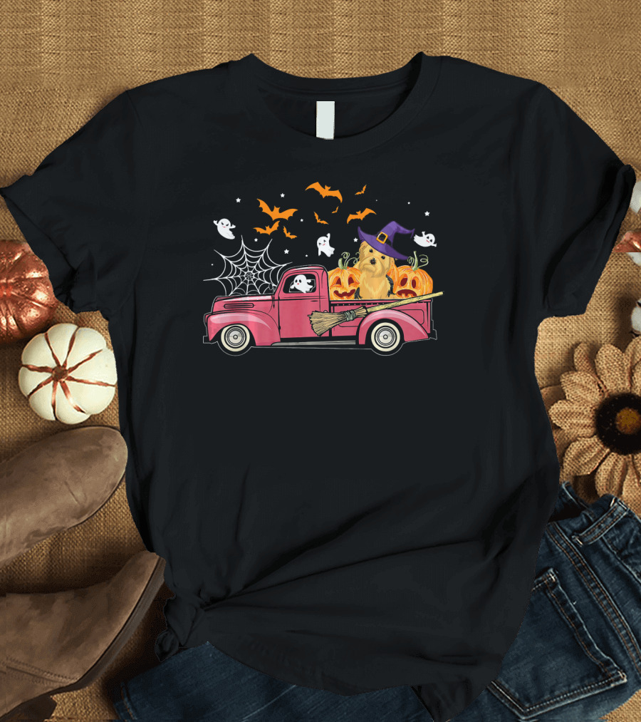 Yorkie Witch on Red Truck with Pumpkins and Halloween Ghosts T-Shirt