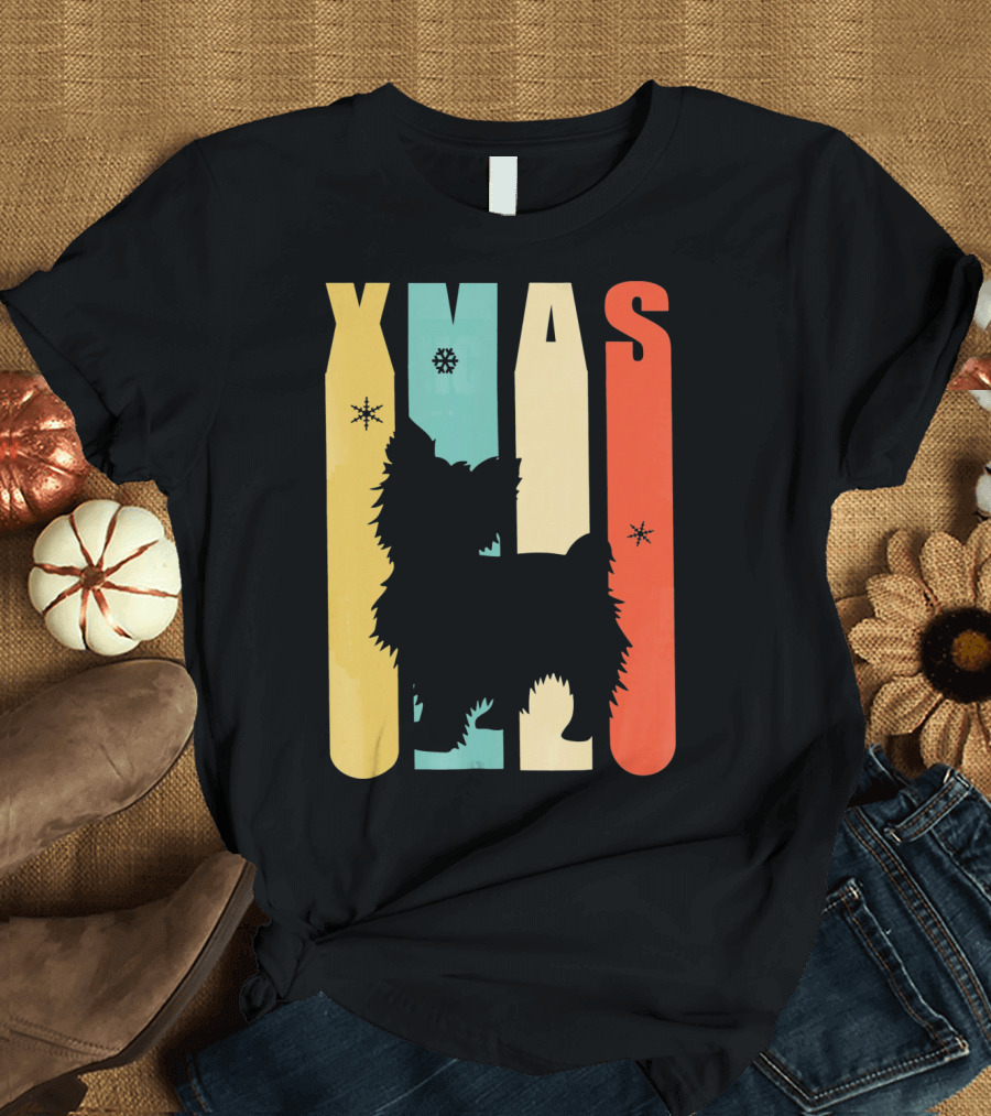 Xmas Yorkshire Dog Vintage Retro Silhouette Snowflakes T-Shirt