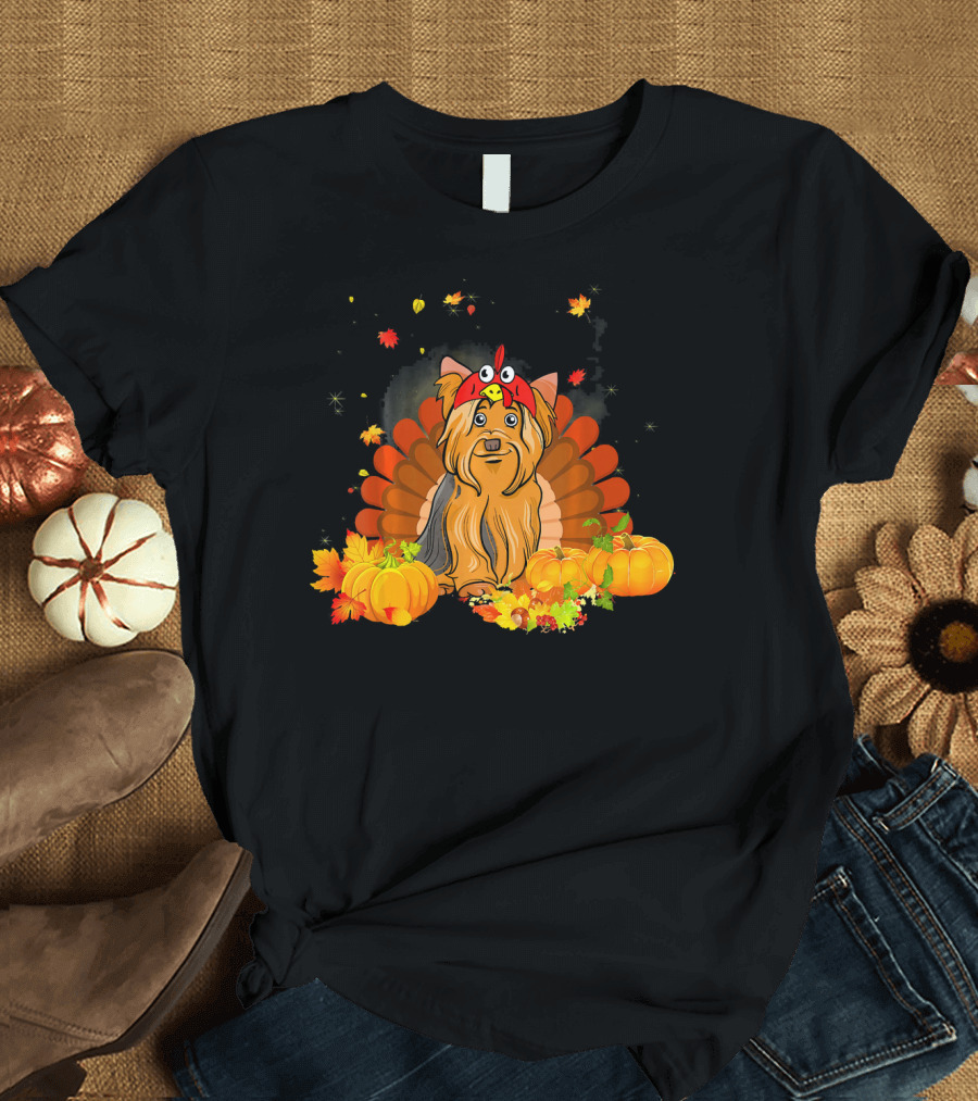 Yorkshire Terrier Turkey Funny Dog with Pumpkins and Autumn Leaves T-Shirt